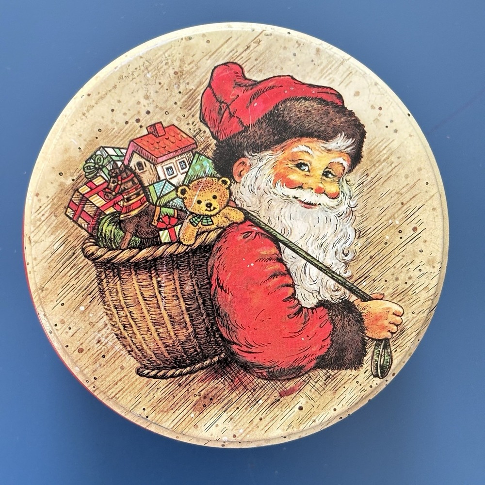 Potpourri Press Small Round Christmas Holiday Santa Tin 1981 Coasters Vintage